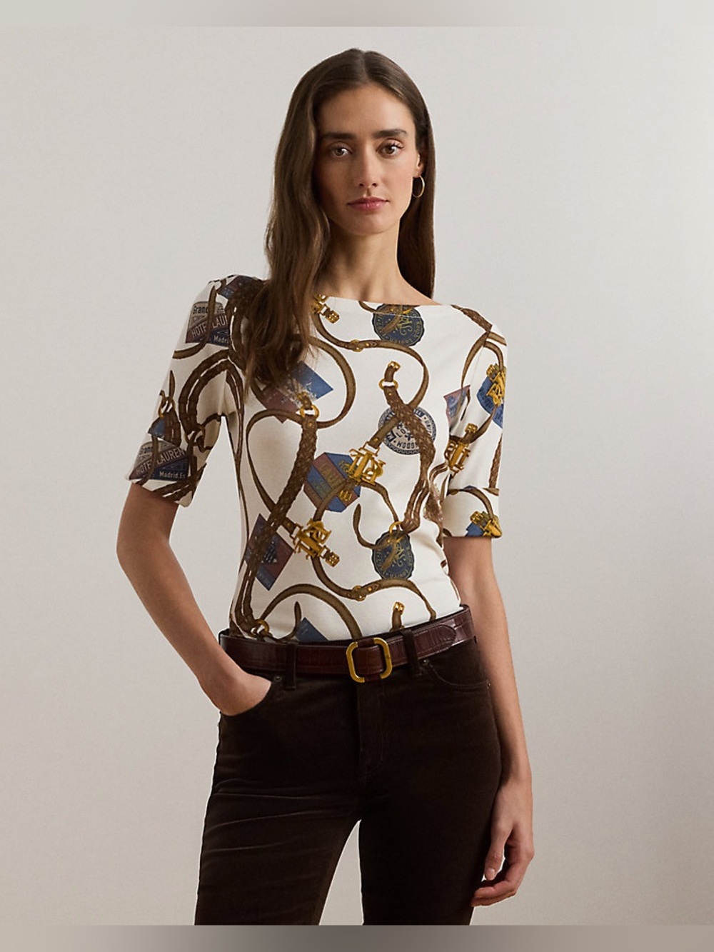 Ralph Lauren Classic Chain-Print Short Sleeve Top - White/Brown